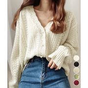 【日本倉庫即納】 透かし編みニットカーディガンパールボタン