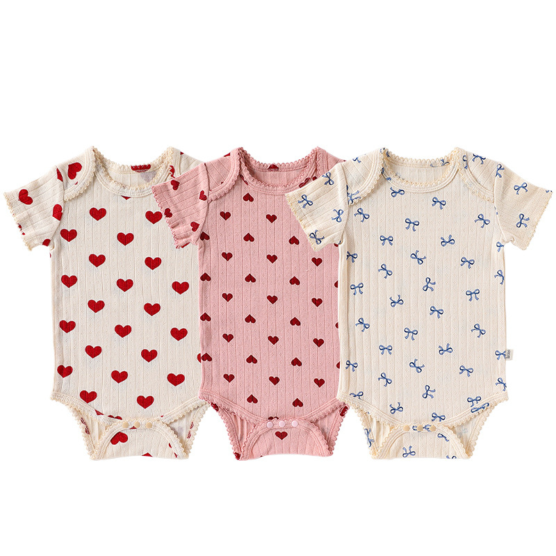 ins 夏新作　ベビー服　女の子　半袖　新生児　リブ　ロンパース　柔らか　ハート柄　リボン柄　子供服