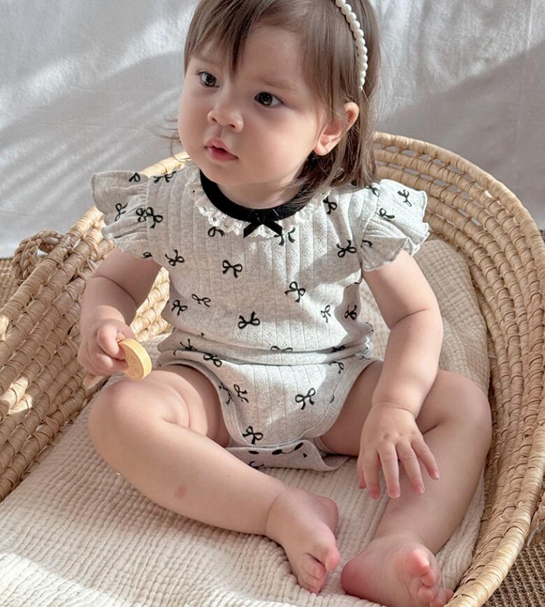 2025 夏新作 韓国版 女の子 夏服 綿 リボン  かわいい  ロンパース  連体服 子供服