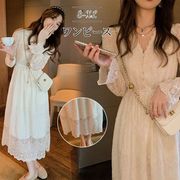 【体型カバー】上品レース長袖ロングワンピ
