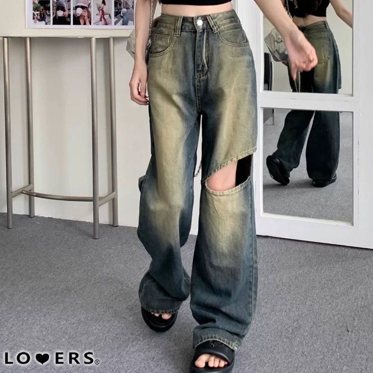 ウォッシュ加工 カットアウト デニムワイドパンツ【即納】 レディース 韓国 プチプラ おしゃれ