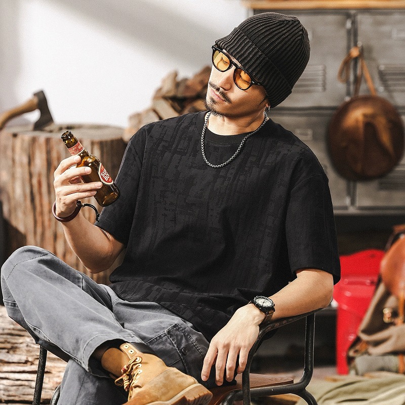 メンズ 美式ヴィンテージ風 ジャカード織 半袖Tシャツ 2025年夏新作 高級感 カジュアルトップス★全3色