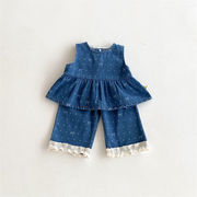 2025秋新作　子供服　女の子　デニム　ノースリーブ　セットアップ　ベスト　ズボン　可愛い　おしゃれ