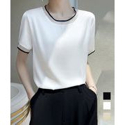 【日本倉庫即納】 クルーネック サテン風シャツブラウス