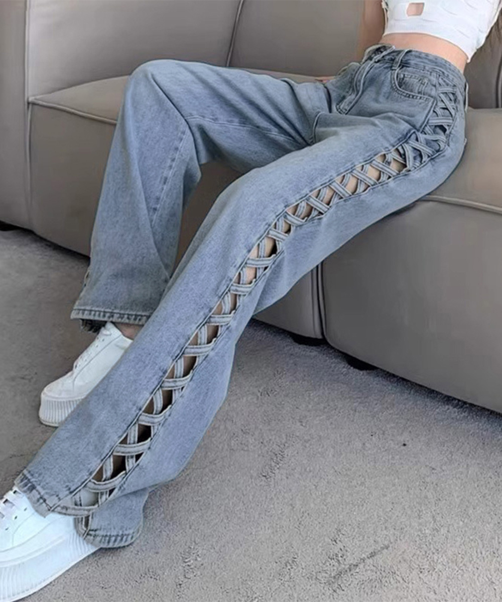 【日本倉庫即納】 デニムパンツサイドレースアップジーパン