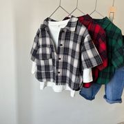 2025秋新規※gl☆ウォッシュ加工チェック5分袖シャツ ゆったり仕様