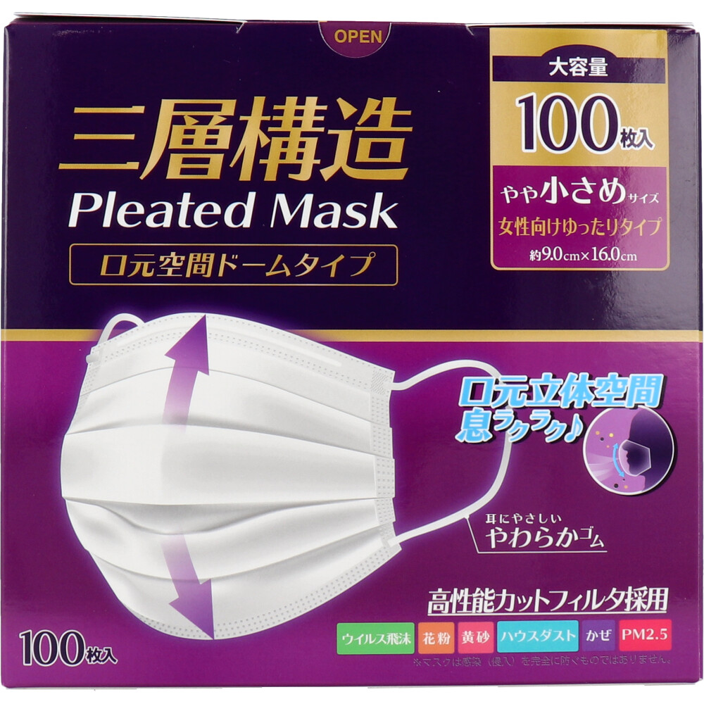 三層構造プリーツマスク 口元空間ドームタイプ やや小さめサイズ 大容量 100枚入