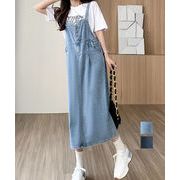 【日本倉庫即納】 サロペット デニムワンピース 体型カバー