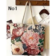 ラメ糸入りフラワー柄 買い物肩掛けOK BIGキャンパスバッグ 鞄　エコバック 全2種類　ba0108