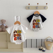 YY☆子供服2025夏物男女ベビー用キャラクターアルファベットプリントラグランスリーブロンパース快適