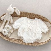 2025春新作 ベビー服女の子無地リボン付きレース付け長袖ロンパース