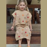 2025春新作 韓国風女の子立体花付き透かし編みノースリーブトップス＆ロングスカート