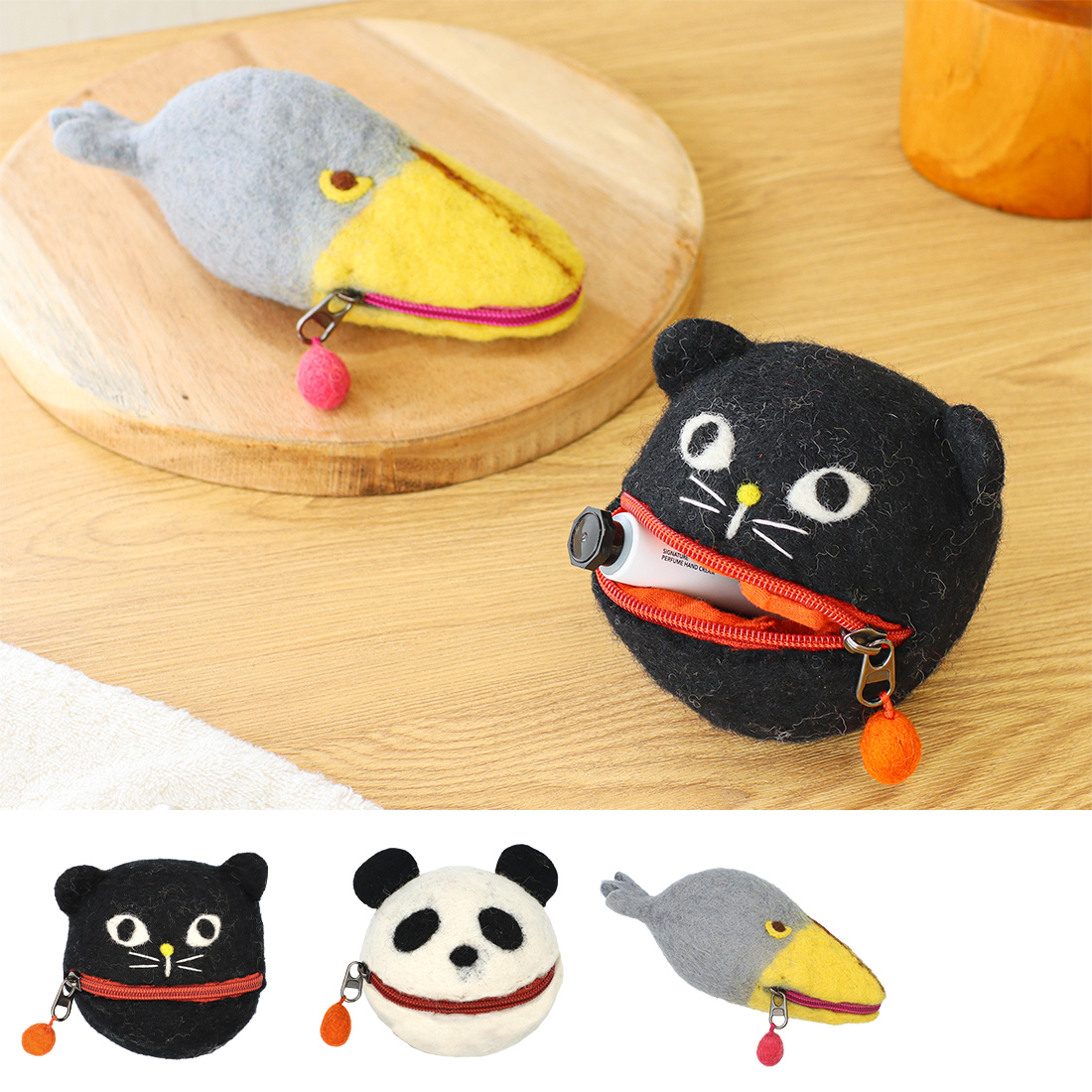 ネパールフェルト フェイスポーチ アニマル[フエルト羊毛ひつじウール財布小銭入れ25AW]