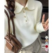 【日本倉庫即納】 ポロカラーニットトップス ゴールドボタン