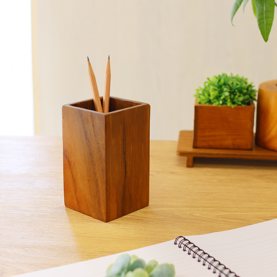 チーク ペンスタンド スクエア[ペン立て木製天然木天然素材トレーナチュラルアジアンハワイ25AW]