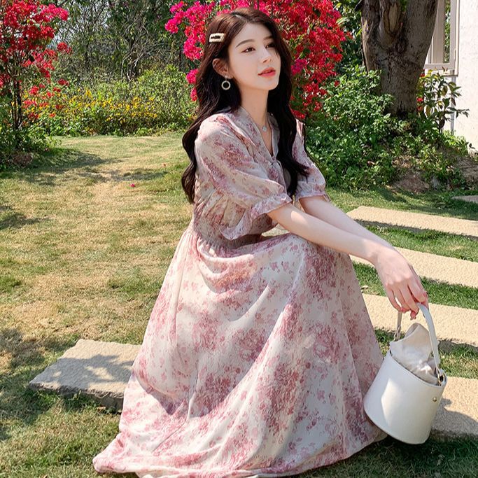 ボウタイワンピース 花柄 ピンク アイボリー M L LL 3L 可愛い フェミニン ロング 大きいサイズ レディース