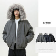 メンズ 冬用リムーバブルファーフード中綿ジャケット 撥水加工 ショート丈  防寒パーカーコート★全3色