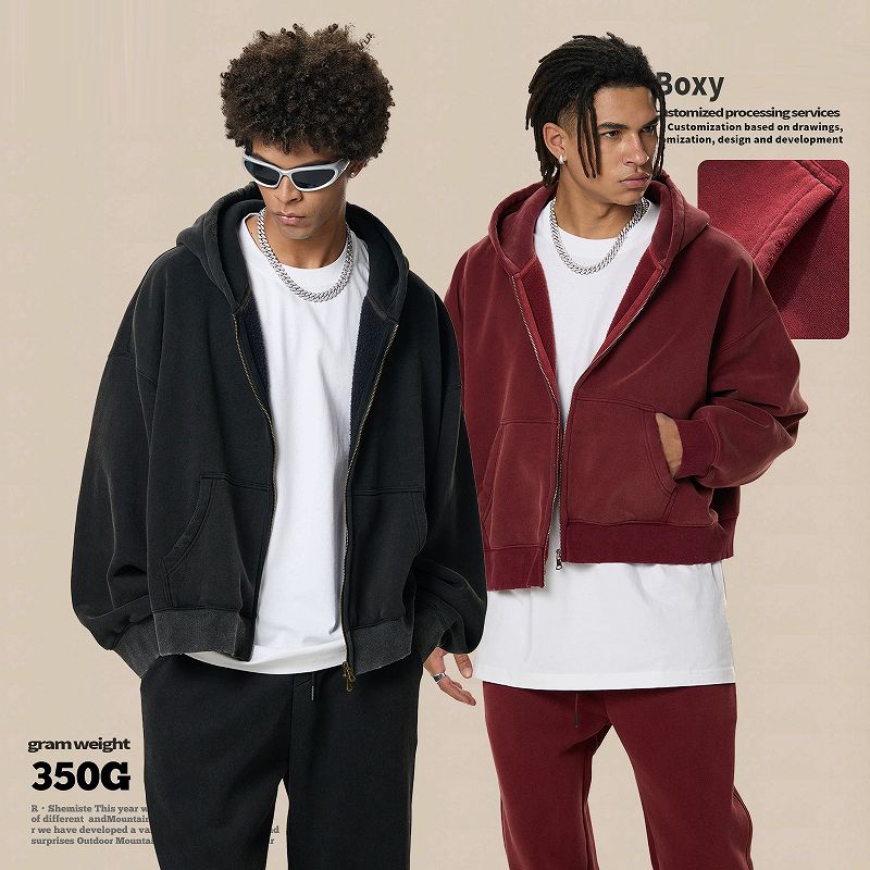 メンズ ビンテージ風 裏起毛 無地 ジップアップ パーカー 男女兼用 ストリート系 秋冬 新作★全3色