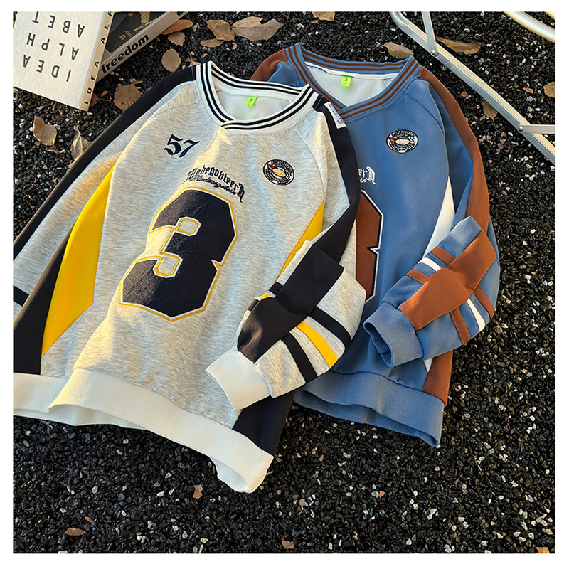 刺繍入り Vネック 配色スウェット ユニセックス カジュアルスポーツ ジャージ風長袖トップス