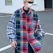 アメリカンヴィンテージ風 チェック柄 切り替え長袖シャツ メンズ ストリートカジュアル