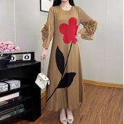 初回送料無料　プリントプリーツおしゃれな長袖ワンピース　レディースファッション人気トレンド