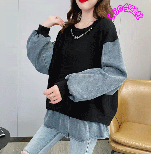 レディース服　トップス　ニット　切り替え　デニム　カジュアル　ファッション　2025年冬新作　2色展開