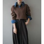 2025年INS 秋冬新作    気質   おしゃれ  レイヤードツーピース風 デニム ルーズニットセーター