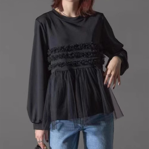 トップス レディース 秋新作 プルオーバー 長袖 異素材 ゆったり 体型カバー メッシュ