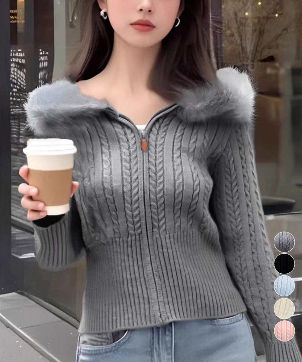 【日本倉庫即納】 フード付きケーブル編みニットカーディガン