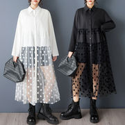 初回送料無料　シャツ風ワンピース　長袖プリントステッチメッシュ　レーディスファション商品