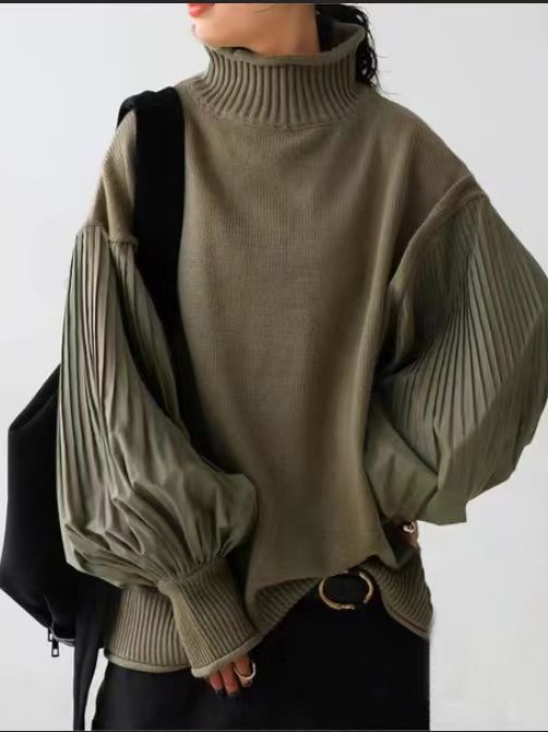 ニット トップス レディース 冬 長袖 セーター ハイネック ランタンスリープ プリーツ キレイめ カジュアル