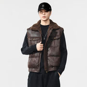 メンズ ボアフリース PU ベスト 男女兼用 ストリート系 ノースリーブ 防寒アウター 2025新作★全2色