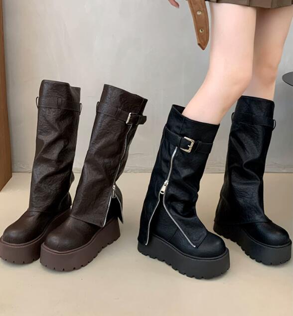 秋冬シューズ  ブーツ ロングブーツ フェイクレザー 厚底 お出かけ