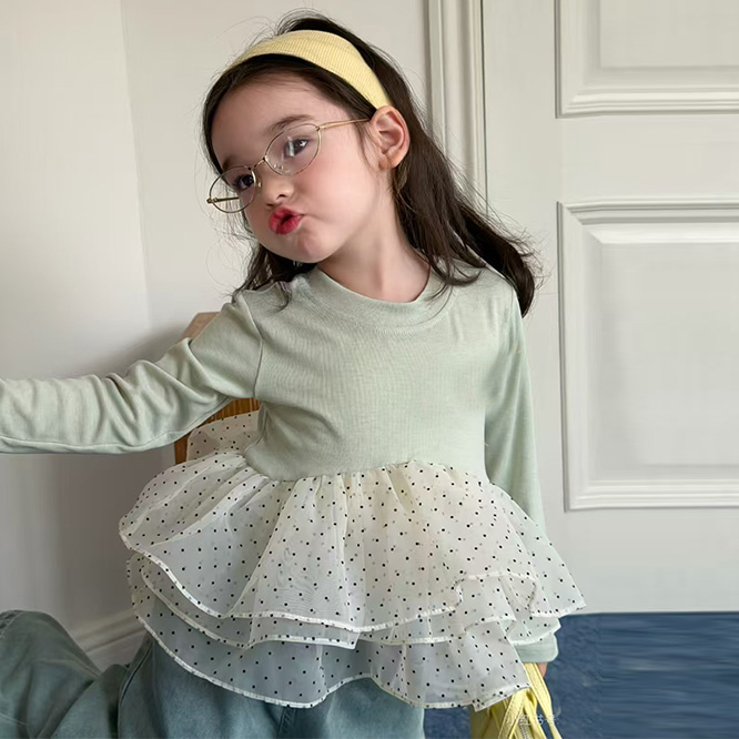 2026春※セットアップ ドットチュール切替インナートップス＋デニムロングパンツ 女の子