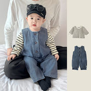 2026春※ストライプトップ + デニムベスト 長袖ロンパース 2点セット 男女兼用