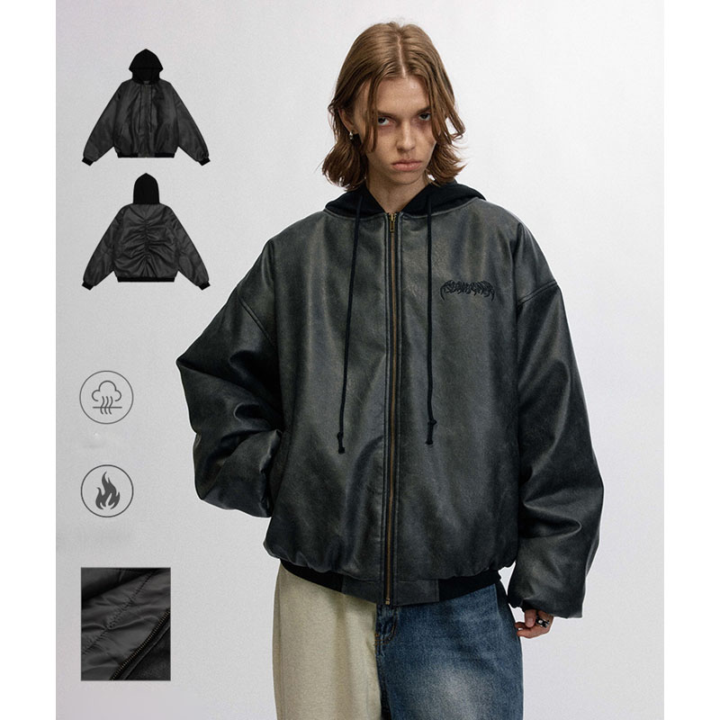 メンズ フード付き PU 中綿 ジャケット 男女兼用 ストリート系 防寒アウター 秋冬 2026新作★