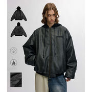 メンズ フード付き PU 中綿 ジャケット 男女兼用 ストリート系 防寒アウター 秋冬 2026新作★