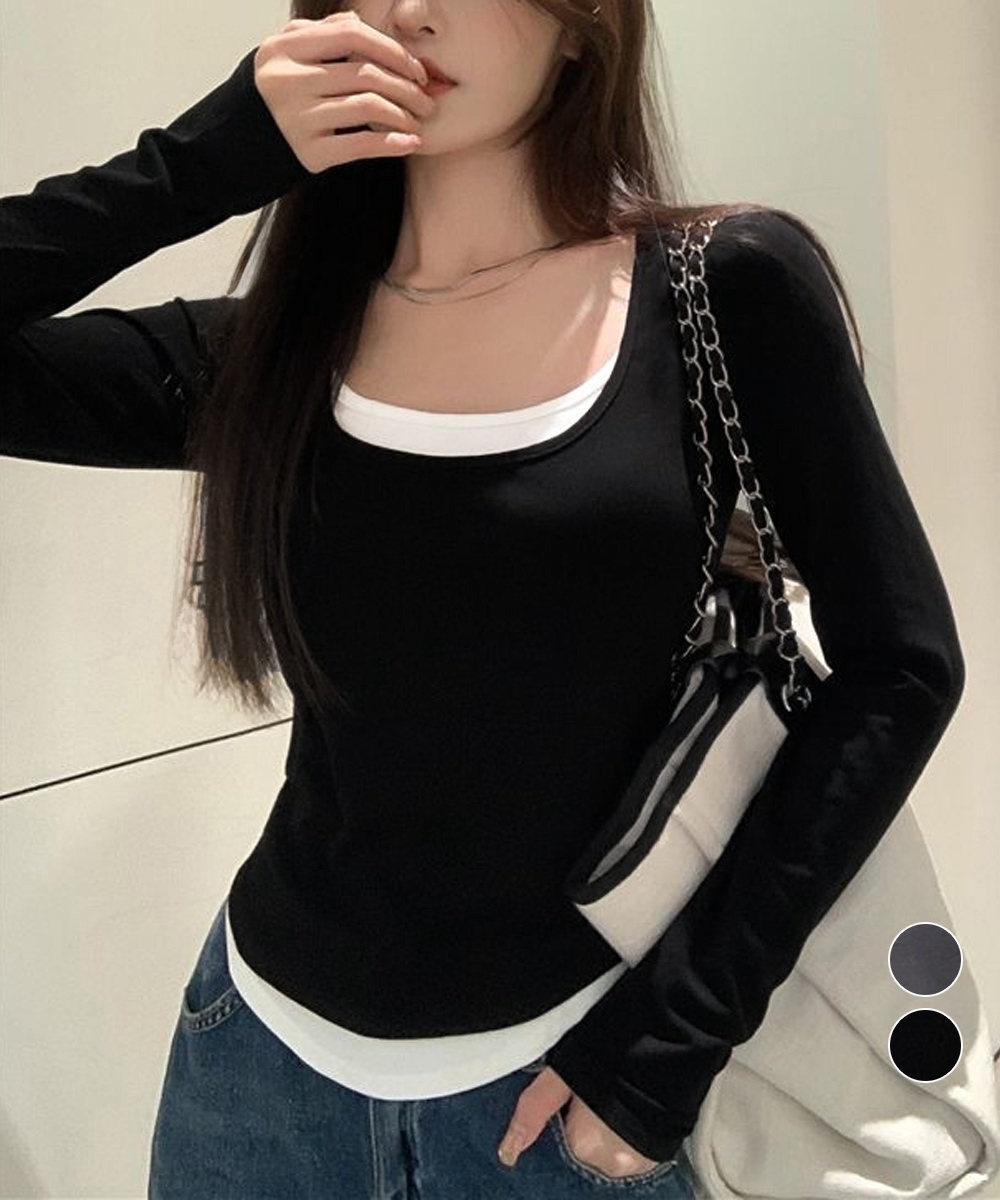 【日本倉庫即納】 長袖Ｔシャツ フェイクレイヤード 着やせ