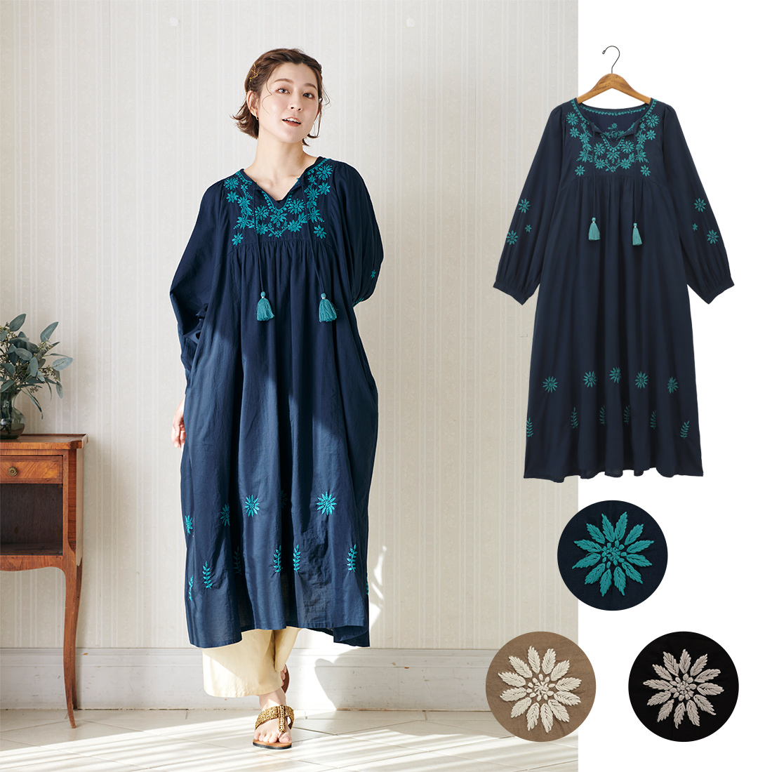 【Karigari】ワンピース ナザーカト[カリガリ七分袖花刺しゅう刺繍チカンカリアジアンアシック春夏26SS]