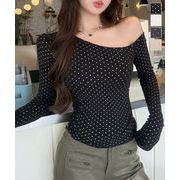 【日本倉庫即納】 ドットラメtシャツオフショルダートップス