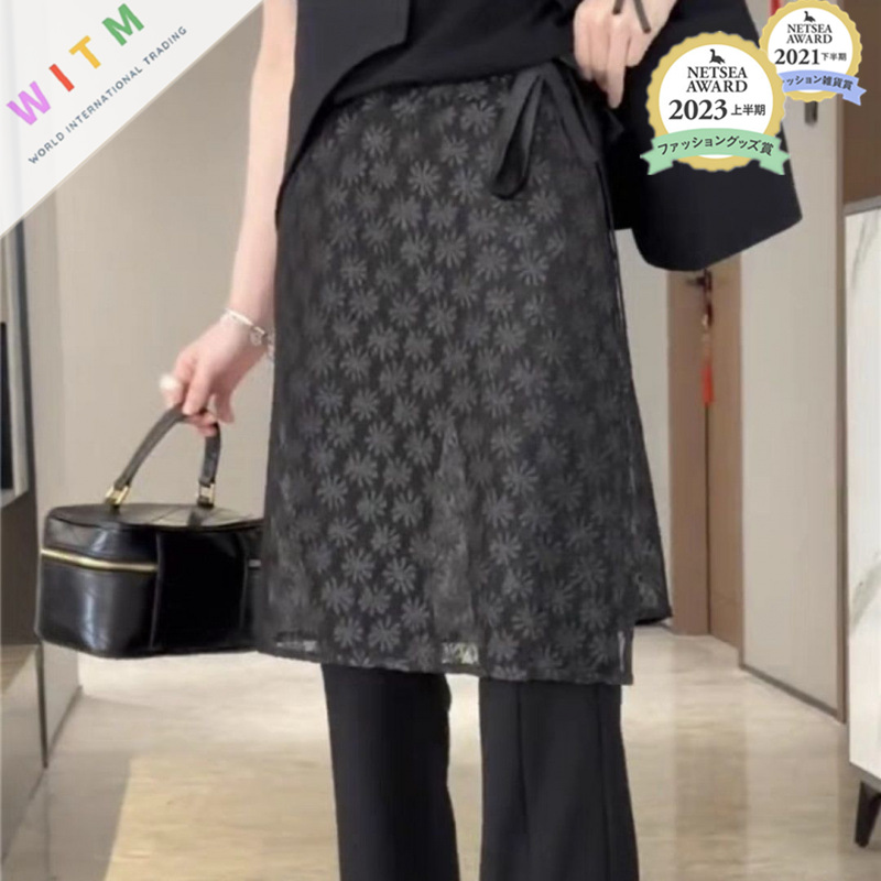 2026春夏新作 花柄 レーススカート ミディスカート 重ね着 レディース 透け感 ブラック ホワイト