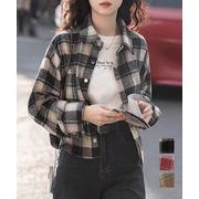 【日本倉庫即納】 チェックシャツ ショート丈 長袖トップス