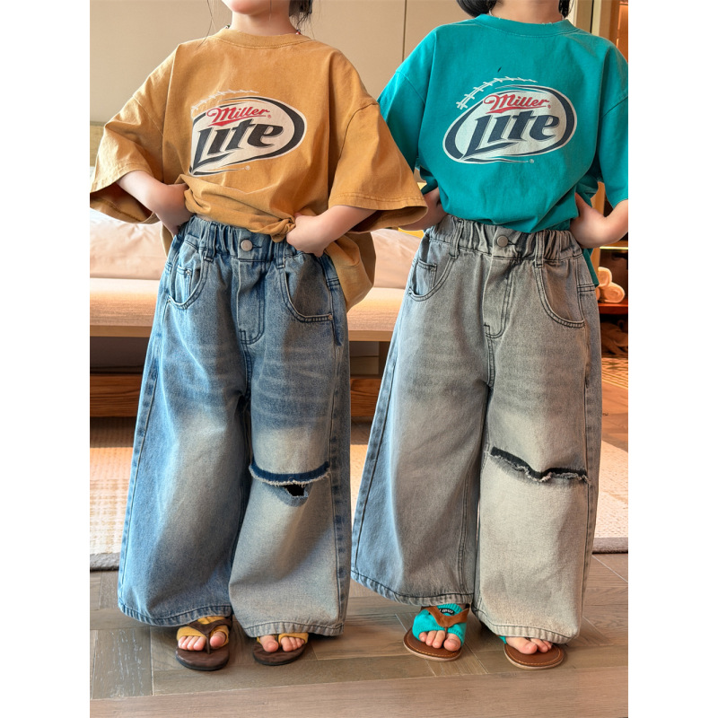 子供服　90~150cm　キッズパンツ　ダメージデニムパンツ    韓国キッズ服