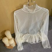 ドットチュールフリルハイネックトップス　レディース　デザイン　韓国ファッション　INS