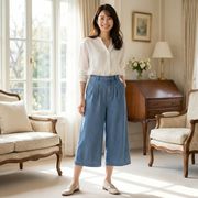 薄手デニム素材　七分丈デニムワイドパンツ