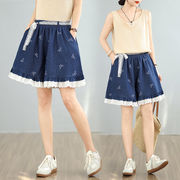 レーストリムのプラスサイズデニムワイドレッグショーツ V00140