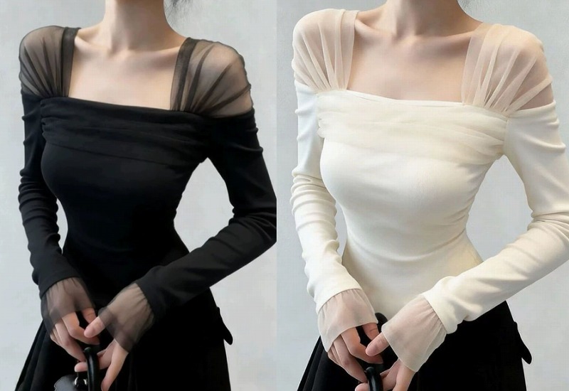 全2色 長袖トップス チュール 切り替え スリム 着痩せ シンプル