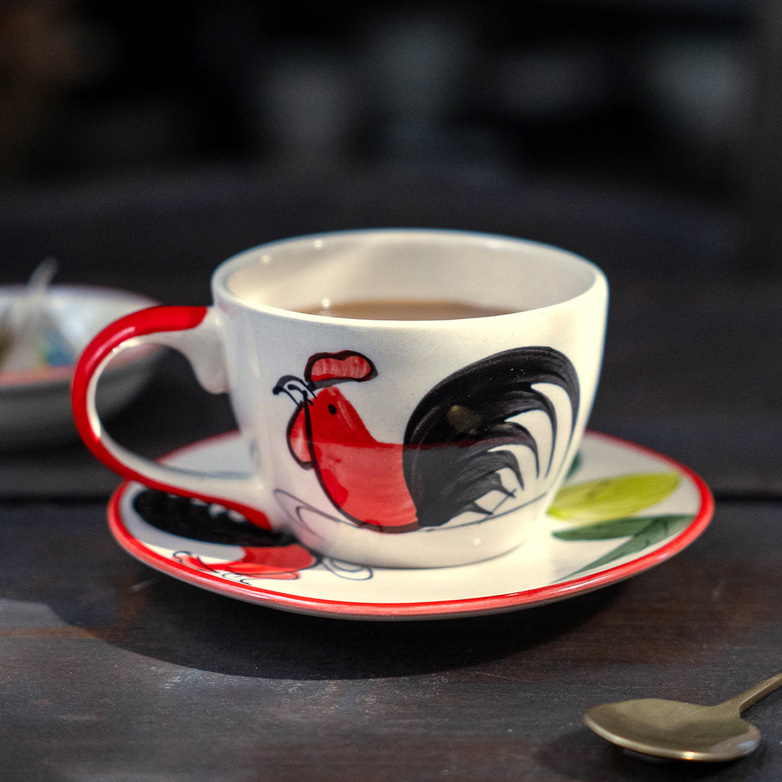セラミックカップ&ソーサー[陶器食器コップ鶏ニワトリ手描きコーヒー紅茶タイアジアンエスニック26SS]