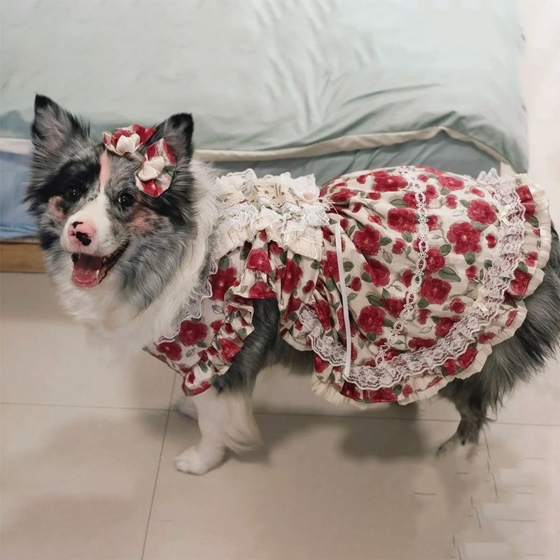 犬服 中型犬 大型犬 薄手 抜け毛防止 バラ柄 プリンセス ドレス ペアルック ワンピース 犬の服