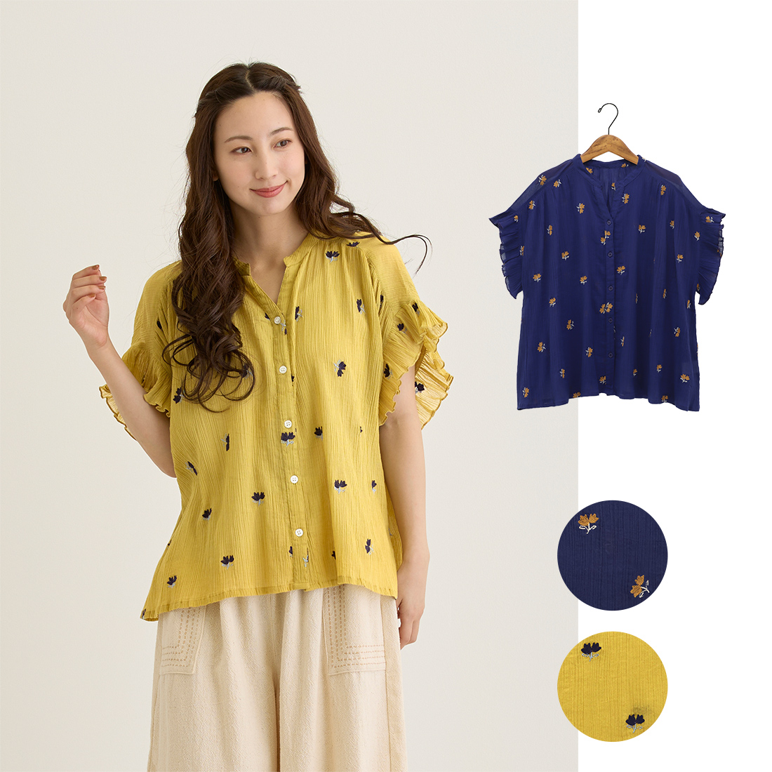 【Shanti Shanti】ブラウス ブルームドット[半袖薄手前開きシャツ小花刺しゅう刺繍ボタニカル春夏26SS]